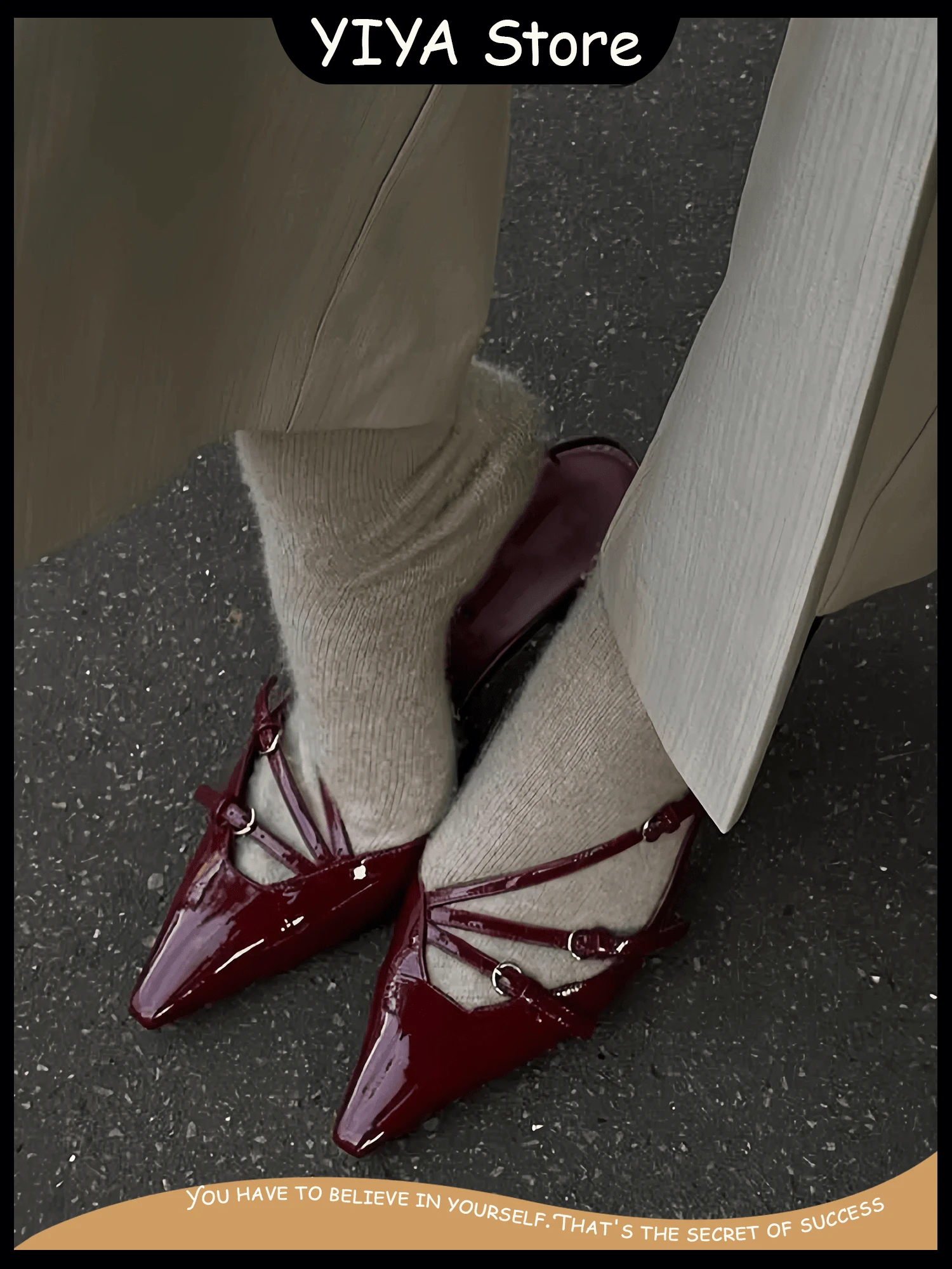 YIYA Women's Cherry Red Kitten Heels For Fall Slingback Closed Pointed Toe Stiletto High Heels Backless Slip-On Heeled Spring&Summer Pumps Dress Shoes - Màu Đỏ Sâu - Xem 1