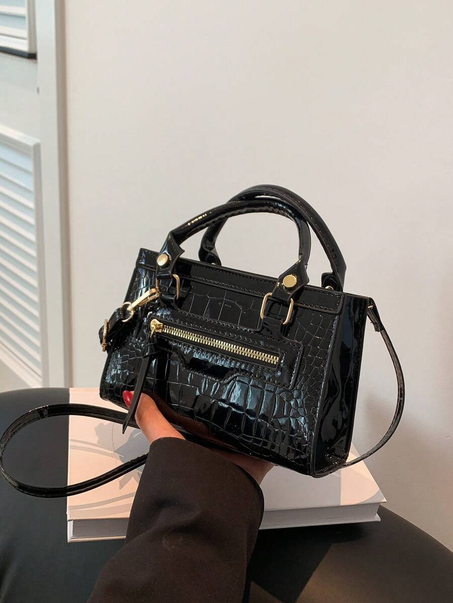 Bolso De Mano Con Textura Vintage De Color Sólido De Estilo Moderno - Negro - Ver 1