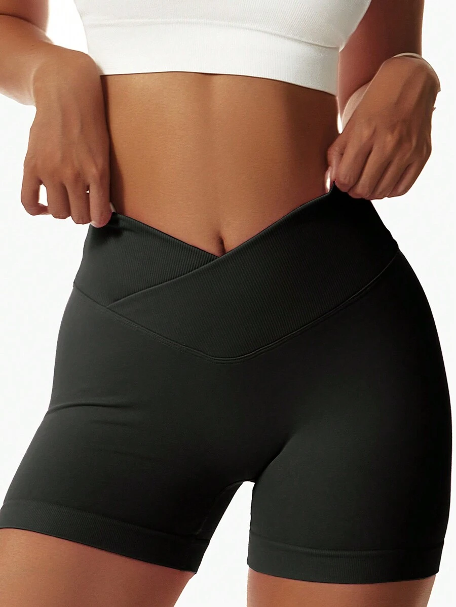 Quần short yoga cạp cao, màu trơn, kiểu xếp lớp, nâng mông, màu đen, thích hợp cho mùa hè.
