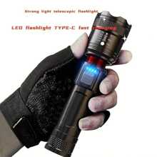 LED 1200MAH 户外伸缩调焦强光手电筒 TYPE-C 快速充电 内置18650电池 IPX7 防水 适合户外家庭露营、徒步旅行、夜间骑行、钓鱼 - 黑色 - 查看 4