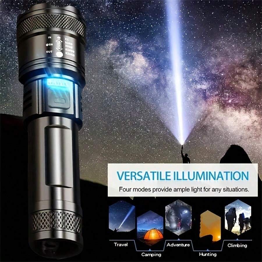 LED 1200MAH 户外伸缩调焦强光手电筒 TYPE-C 快速充电 内置18650电池 IPX7 防水 适合户外家庭露营、徒步旅行、夜间骑行、钓鱼 - 黑色 - 查看 1