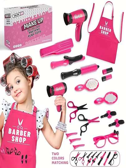 17 piezas Juego de juguete de peluquería para niños, incluye secador de pelo, tijeras, delantal y accesorios de peinado