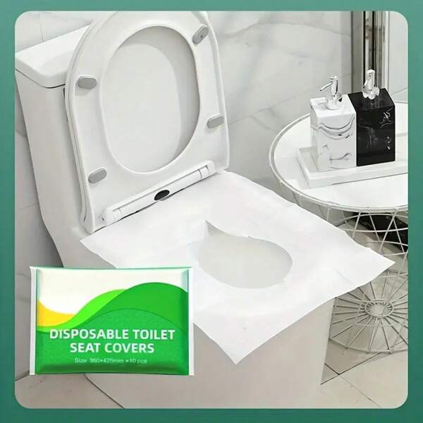 10 pièces Protège-siège de toilette jetables, tapis de toilette de voyage d'affaires portable, housse de pot de chambre, accessoires de voyage essentiels pour l'avion, le camping, les accessoires de salle de bain, les fournitures de salle de bain, les articles jetables de voyage, les essentiels d'hôtel de voyage, les articles essentiels d'extérieur, les articles de chambre, les mini-articles de voyage pour la plage, les articles jetables pour les menstruations, les accessoires de salle de bain