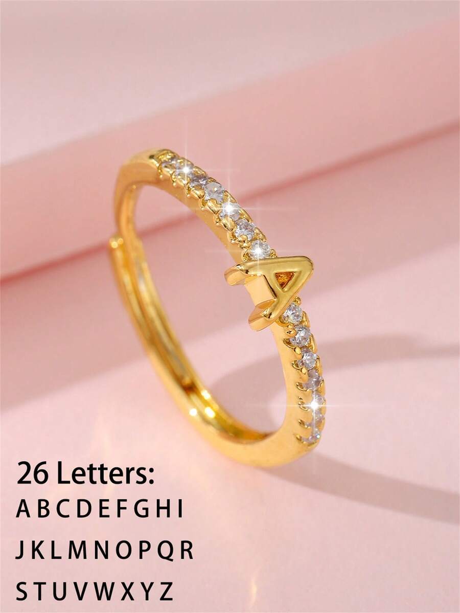 1 chiếc nhẫn hở 26 chữ cái Zirconia thời trang, thanh lịch, sang trọng, trang sức nhẫn chữ cái đầu, thích hợp làm quà tặng cho thanh thiếu niên, học sinh, bạn bè và gia đình, nhẫn phong cách phổ biến của Châu Âu và Châu Mỹ - Vàng - Xem 1