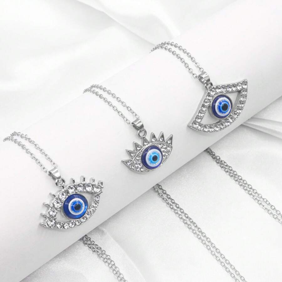 Một bộ ba chiếc vòng cổ mặt dây chuyền hợp kim mắt xanh Türkiye đa năng mạ bạc - phong cách một - Xem 1
