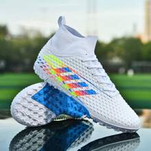 1pair New Men's & Women's Striped Soccer Shoes, Tf Broken Nail Anti-Slip Training Shoes, Outdoor Turf Football Boots, Professional Sports Sneakers, Black Classic High-Top Short Nail Football Shoes