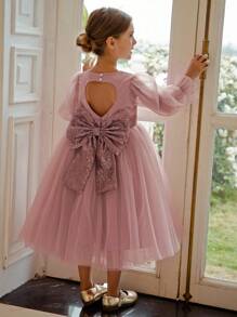 Young Girl Sequin Bow Tulle Easter Party Dress, Elegant Princess Gown Suitable For Birthday, Wedding, Prom, Flower Girl, Piano Recital, Holiday Celebration - Pink - View 3