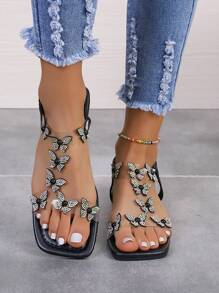 Versatile Rhinestone Butterfly Decor Transparent Strap Women's Wide Feet Flat Roman Sandals For Summer Beach - Black - View 4
