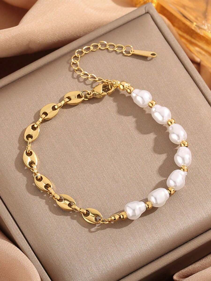 1pc Women Minimalist Delicate Chain Bracelet, Niche Design Elegant Bracelet - Yellow Gold - View 1