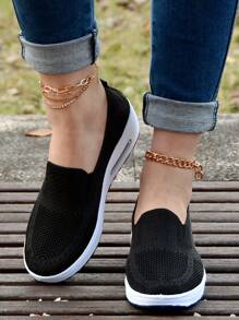 Women's Black Casual Sneakers, Breathable Soft Sole Comfortable Chunky Platform Sport Shoes - Black - View 2