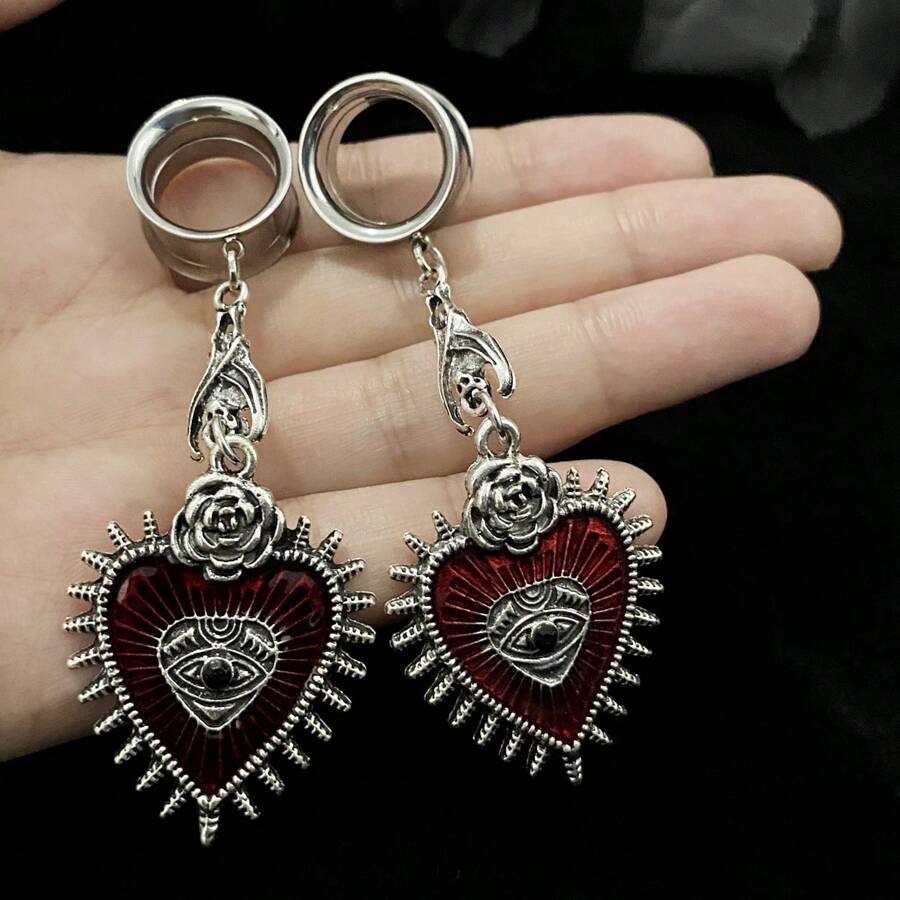 2 件装耳塞 隧道塞 不锈钢扩张器 心形眼睛 吊坠拉伸器 防过敏穿孔 女士身体首饰 情人节、妈妈、母亲、母亲节、礼物