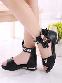 Sandalias de moda estilo princesa de verano para niñas, elegantes sandalias de tacón alto con punta abierta para vestido formal de fiesta, zapatos escolares para niños en negro, blanco y rosa - Negro - Ver 3