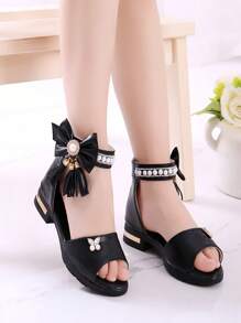 Sandalias de moda estilo princesa de verano para niñas, elegantes sandalias de tacón alto con punta abierta para vestido formal de fiesta, zapatos escolares para niños en negro, blanco y rosa - Negro - Ver 1