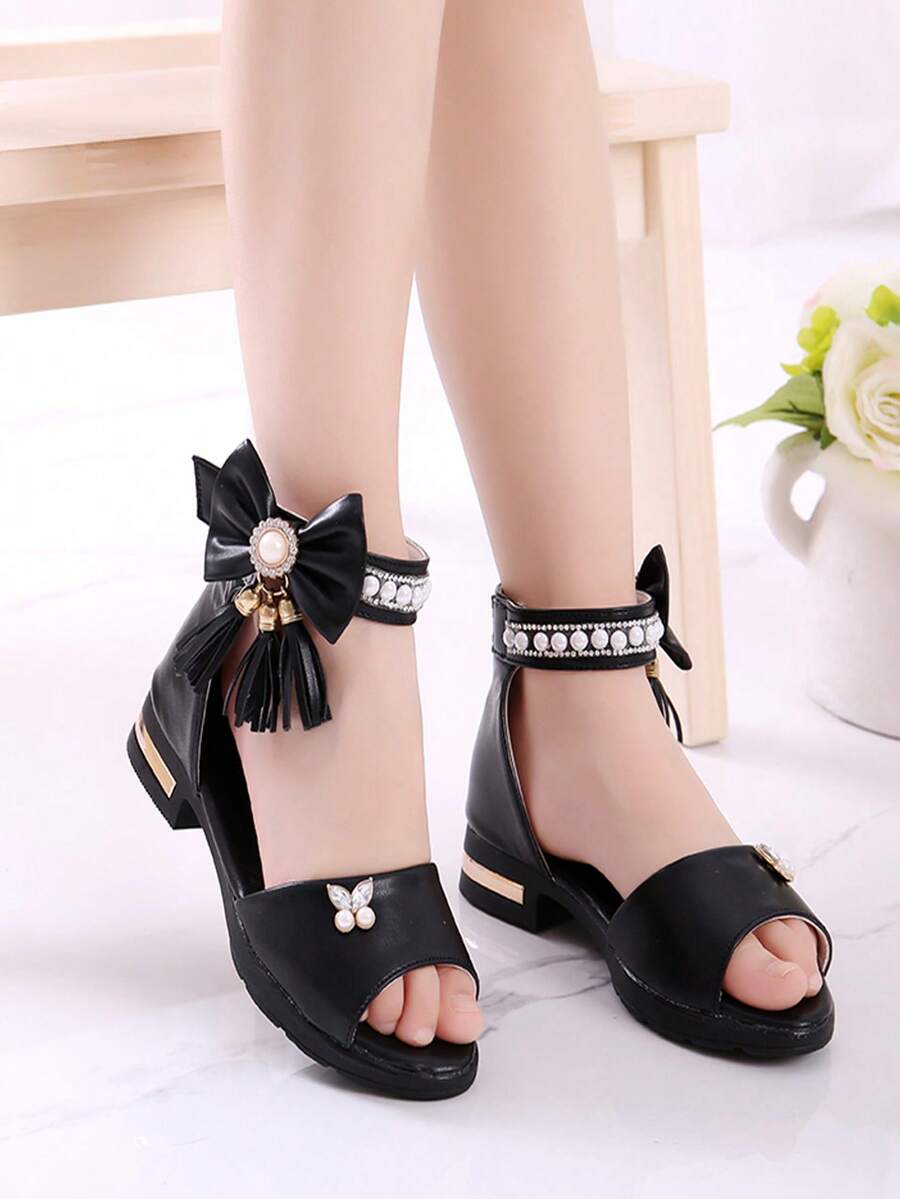 Sandalias de moda estilo princesa de verano para niñas, elegantes sandalias de tacón alto con punta abierta para vestido formal de fiesta, zapatos escolares para niños en negro, blanco y rosa - Negro - Ver 1