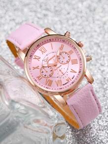 Ladies' Leather Strap Fashionable Three Eye Roman Scale Dial Quartz Wristwatch And Butterfly Jewelry Set (5pcs/Set) As A Gift For Students Returning To School - Pink - View 8