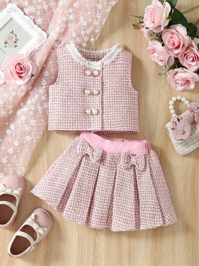 Young Girl' Sleeveless Lace Collar Checkered Top + Bow Pleated Skirt 2pcs Outfit Set