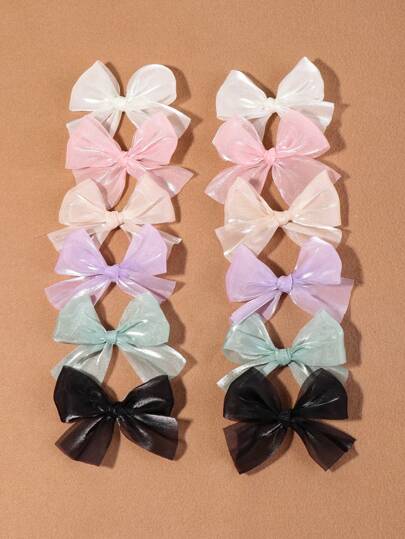 可爱12件套仿珍珠光泽缎面编织刘海发夹，带蝴蝶结，适合女性情人节、上学、学院风、冬季穿搭，蝴蝶结发饰，发饰，头饰，女士发饰