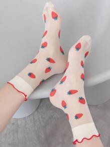 5 Cặp/bộ Tất Nữ Chủ Đề Trái Cây, Tất Thủy Tinh Pha Lê Phong Cách Mùa Hè Với Nấm Ăn, Dâu Tây, In Hình Anh Đào, Tất Học Viện Nhật Bản - Nhiều màu - Xem 6