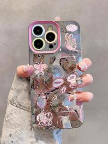 3D流星紋理蝴蝶款手機殼，適用於iPhone，軟邊硬殼，防震，電鍍，高端田園春風格 - 粉色 - 查看 2