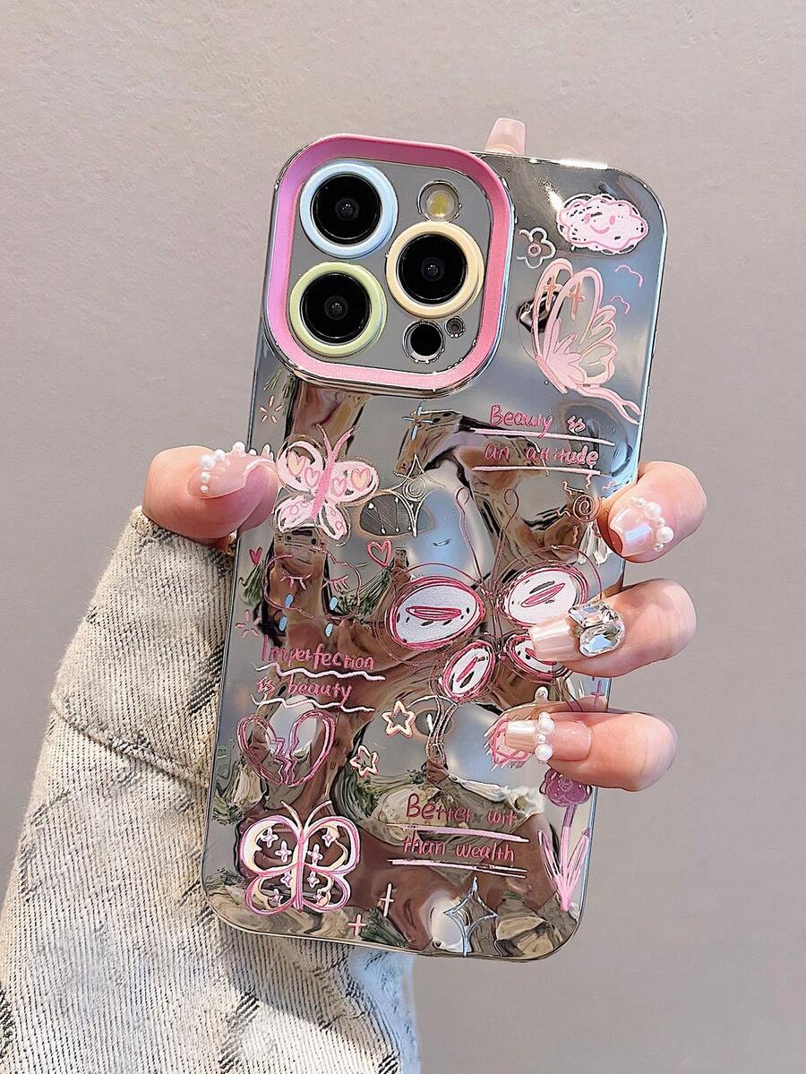 3D流星紋理蝴蝶款手機殼，適用於iPhone，軟邊硬殼，防震，電鍍，高端田園春風格 - 粉色 - 查看 1