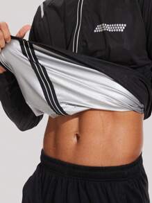 1set Men's Silver Coating Sweat-Wicking Zipper Pocket Color Block Sports Suit, Suitable For Outdoor Fitness