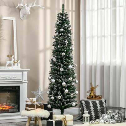 HOMCOM Albero di Natale Innevato Artificiale Alto e Stretto con 570 Rami, Base Rimovibile e Pieghevole, Φ53x190cm, Verde