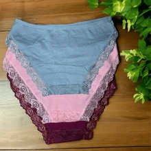 4 Bragas algodón diseño con bellísimo detalle de encaje al frente y en costuras Liso en la parte posterior colores al azar comodidad transpirables - Multicolor - Ver 3