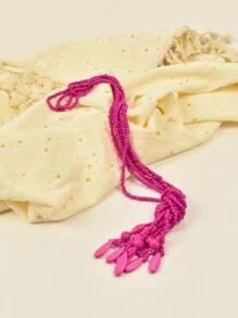 Bohemian Knotted Rice Bead Necklace For Women - Hot Pink - View 3