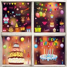 4張生日裝飾性落地窗貼紙卡通蛋糕靜電貼紙可拆卸玻璃藝術貼紙供生日派對裝飾用品 - 彩色 - 查看 6