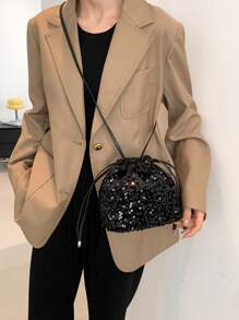 1pc Pvc Sparkly Drawstring Closure Fashionable Personalized Goody Bag With Handle, Shoulder Strap For Women's Daily, Party, Banquet Use - Black - View 5