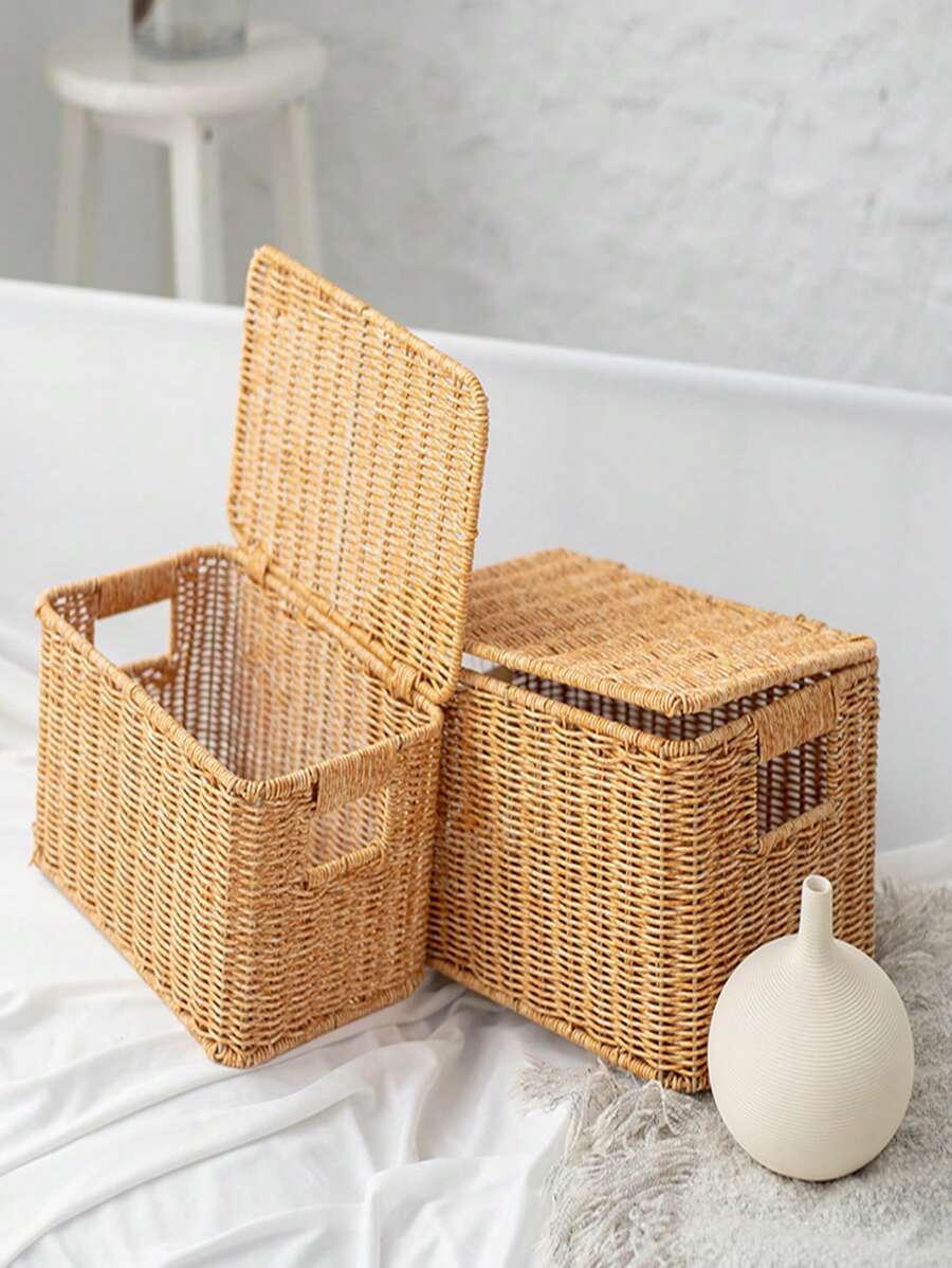 Rattan-Look Bathroom Clothes Large Capacity Storage Basket, Hand-Woven Desktop Kitchen Toy Sundries Organization Box - Multicolor - View 1