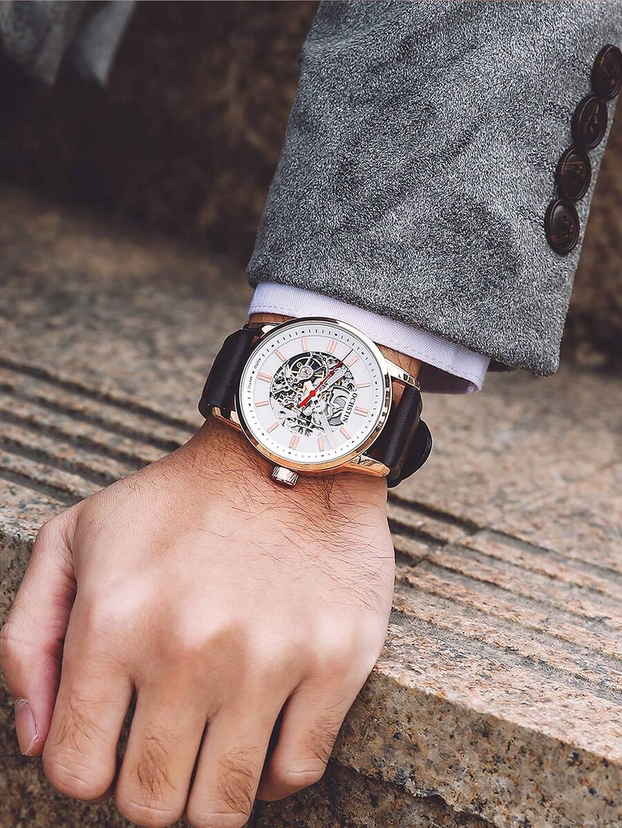 Ochstin 2024 新款男士休閒時尚自動中空防水手表 - 白色 - 查看 1