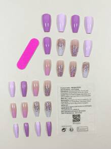 24入組時尚簡約粉紫漸層閃粉長棺型燙貼式假指甲套裝，全覆蓋式美甲指甲用具 - 彩色 - 查看 2