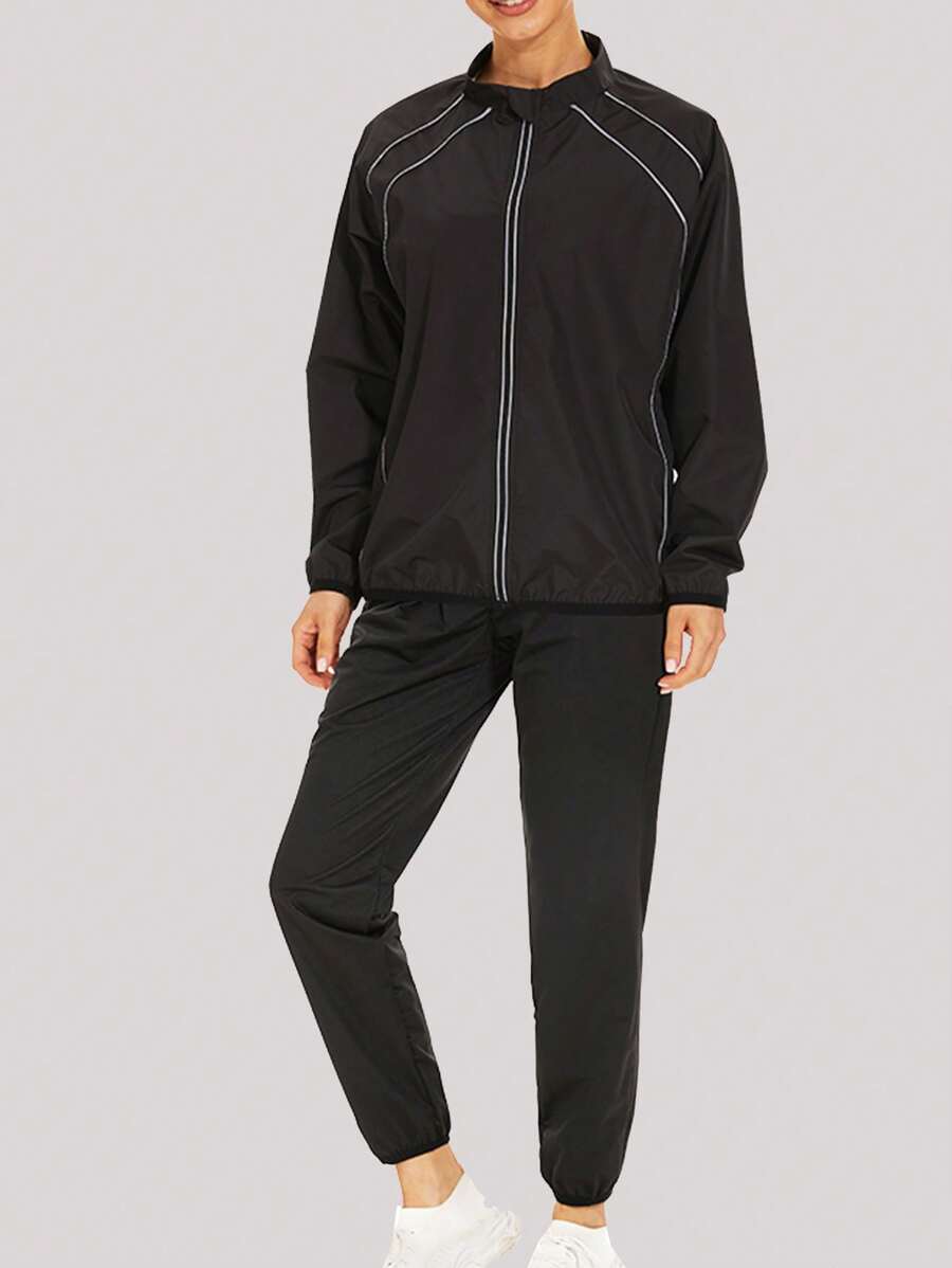 1 Set Tuta Anticellulite Da Donna Con Cerniera In Pellicola D'argento Ricoperta D'argento, Adatta Per Lo Sport, Arrampicata All'aperto E Fitness - nero - Visualizzare 1
