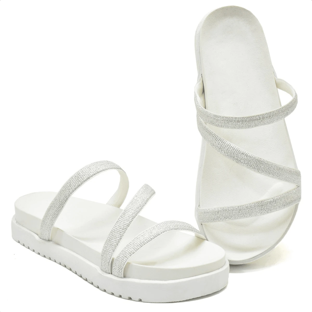 Sandália Feminina Papete Com Brilho Flat Confortável Leve - Branco - Visão 1