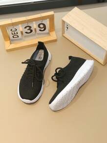 1 Pair Kids Girls Knitted Lace-Up Design Flat Breathable Slip-On Sneakers, Suitable For Spring & Autumn