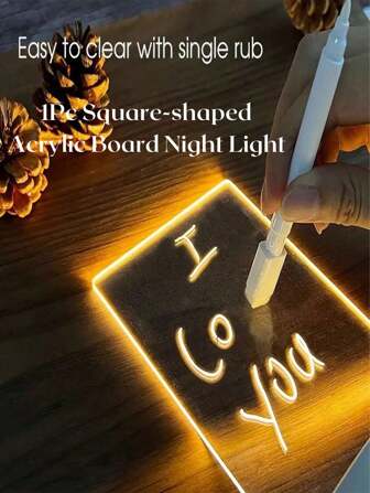 1Pc Square-Shaped Acrylic Board Night Light(Including Base, USB Cable, Stylus, And Acrylic Board), Message Board With Erasable Function And Handwriting Lighting Function