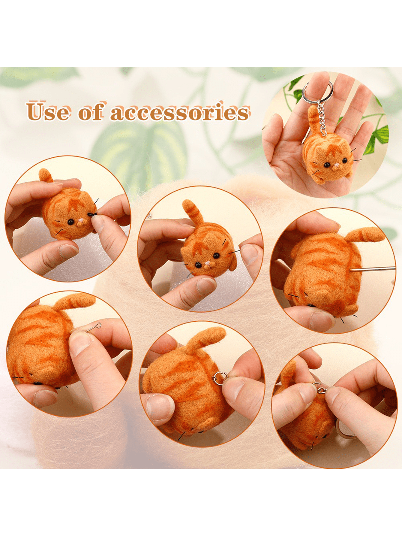Diy Wool Felt Poking Card Kit For Making Cute Orange Cats Plush Pendant