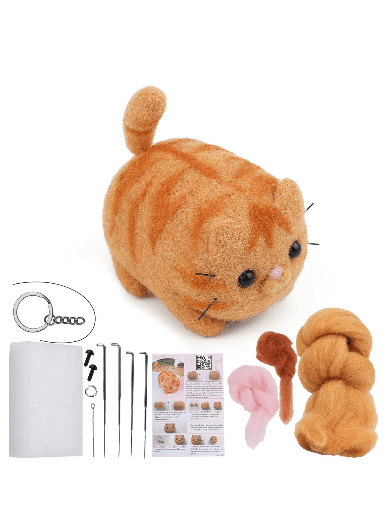 Diy Wool Felt Poking Card Kit For Making Cute Orange Cats Plush Pendant