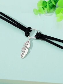 1條復古銀色羽毛造型迷人黑雙層頸圈項鍊,女士度假首飾 - 黑色 - 查看 4