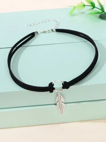 1條復古銀色羽毛造型迷人黑雙層頸圈項鍊,女士度假首飾 - 黑色 - 查看 2