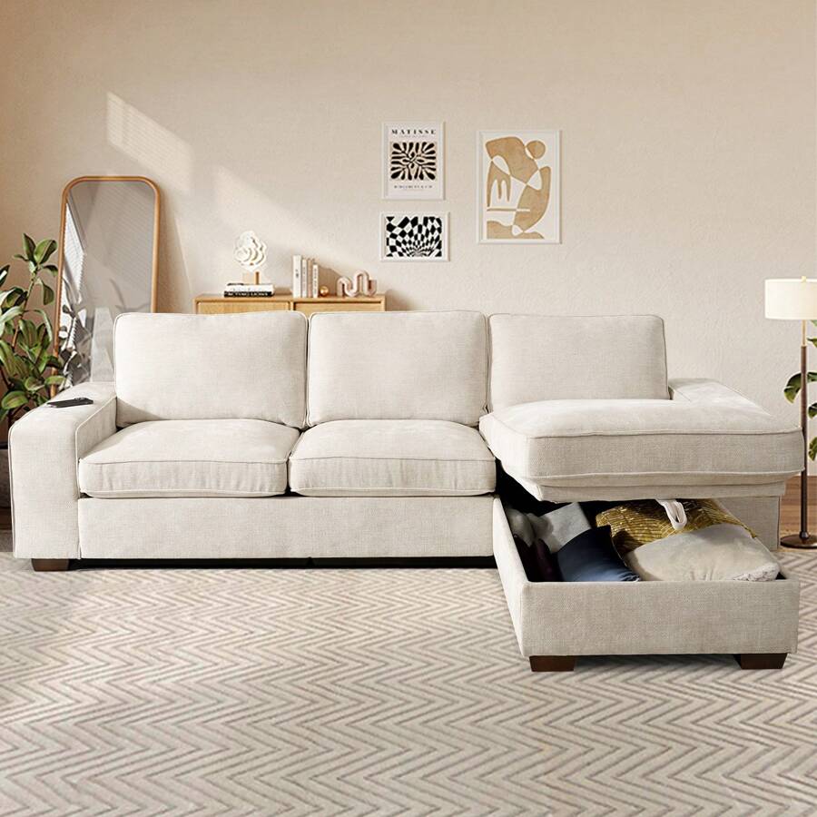 COOSLEEP 99" L-Shape Convertible Sectional Couches Sofas With 190L Storage Chaise,Chenilee Upholstered Sofas With Removable Cushion And Detachable Cover,USB And Type-C Charging For Living Room - 米色 - 查看 1