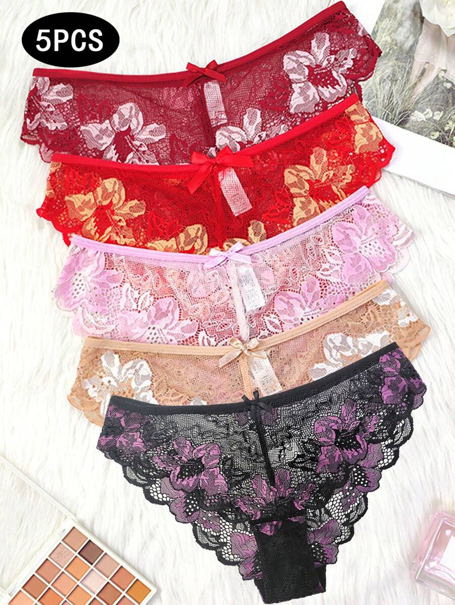5件套性感透视低腰蕾丝女士内衣，舒适透气镂空提臀欧美风女士内衣 - 彩色 - 查看 1