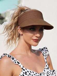 1pc Straw Visor Hats For Women, Foldable Wide Brim Roll-Up Beach Ponytail Hats Sun Protection Raffia Straw Hat For Golf - Khaki - View 5