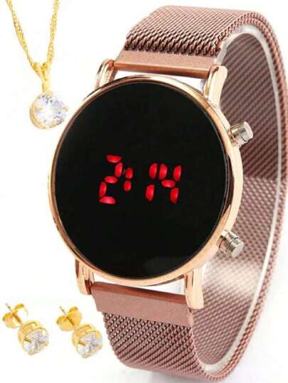 Relógio Feminino Digital Led Moda Blogueira REDONDO Com Colar e Brinco