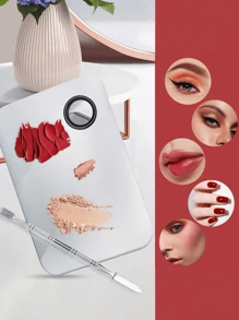 1个不锈钢化妆调色盘，指甲油混合托盘，带刮刀工具，供化妆师混合粉底液 - 銀色 - 查看 2