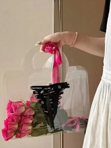 1件装透明玫瑰鲜花包装袋用品PET花束手提袋包装袋DIY礼品包装盒婚庆用品返校情人节 - 無色 - 查看 4