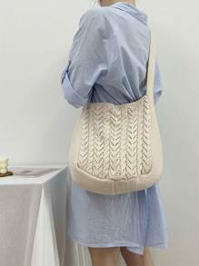 1pc Apricot Ins Style Woven Medium Tote Bag, Women's Original Design Fashion Beach Bag, Shoulder & Crossbody Bag, Hollow Grid Knitting Shopping Grocery Kitchen Storage Bag, Suitable For Daily Use, Dating, Gift For Girlfriend