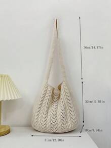 1pc Apricot Ins Style Woven Medium Tote Bag, Women's Original Design Fashion Beach Bag, Shoulder & Crossbody Bag, Hollow Grid Knitting Shopping Grocery Kitchen Storage Bag, Suitable For Daily Use, Dating, Gift For Girlfriend
