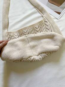 1pc Apricot Ins Style Woven Medium Tote Bag, Women's Original Design Fashion Beach Bag, Shoulder & Crossbody Bag, Hollow Grid Knitting Shopping Grocery Kitchen Storage Bag, Suitable For Daily Use, Dating, Gift For Girlfriend